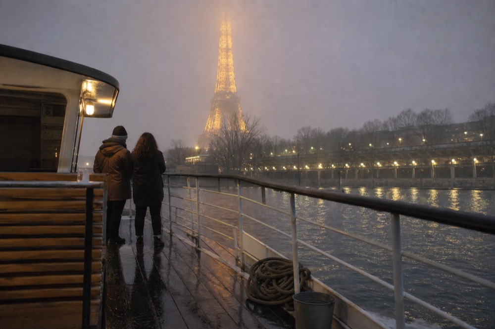 Evening view of the Eiffel Tower from the deck of a river boat, no text, no logos, no people