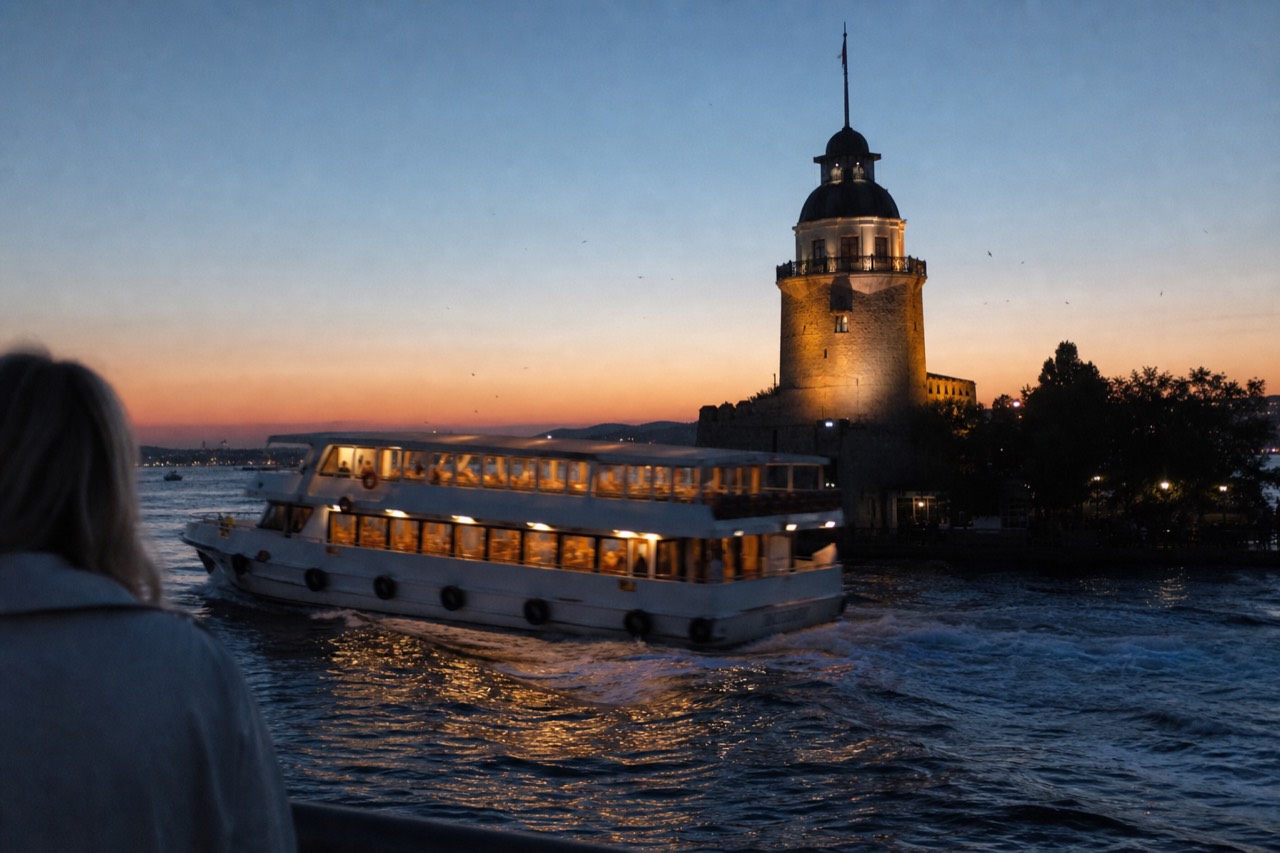 Illuminated dinner cruise boat passing the Eiffel Tower on the Seine at dusk, no text, no logos, no people.