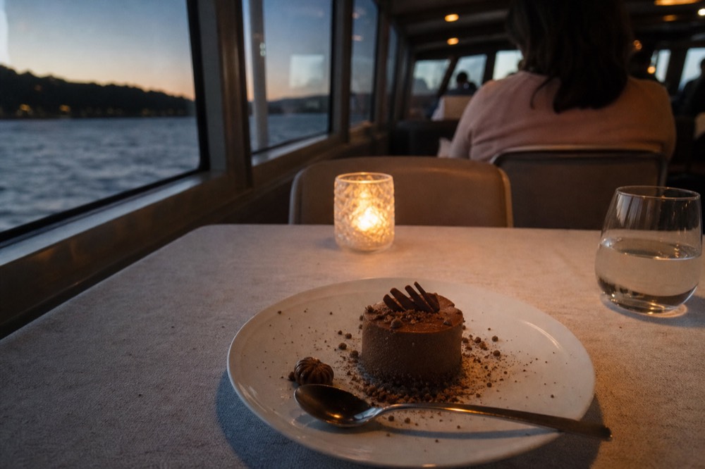 A dessert course with fine chocolate work served on a white plate, no text, no logos, no people