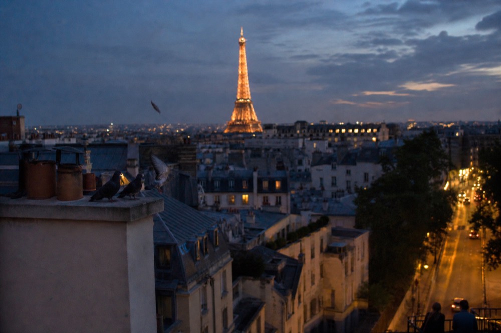 Paris evening skyline with Eiffel Tower lit, no text, no logos, no people