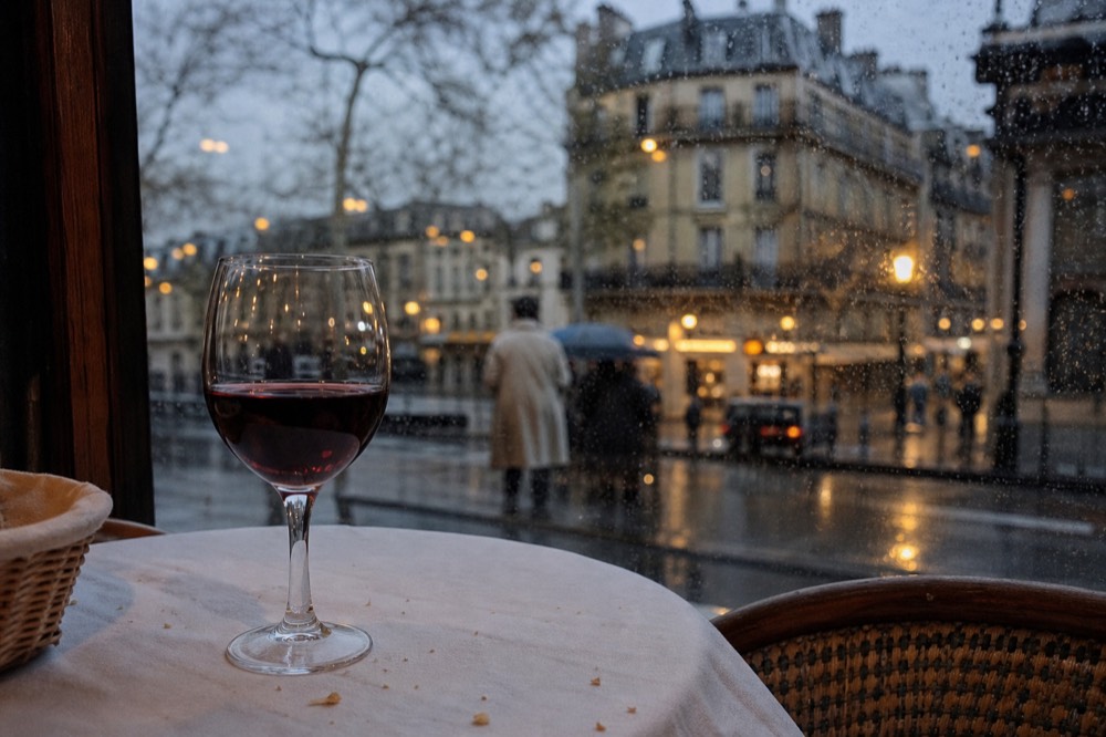 Seine dinner cruise table setting with wine glass and Paris view, no text, no logos, no people