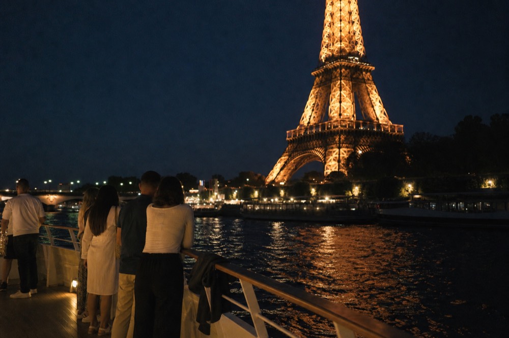 A small illuminated boat cruising past the Eiffel Tower on the Seine at night, no text, no logos, no people