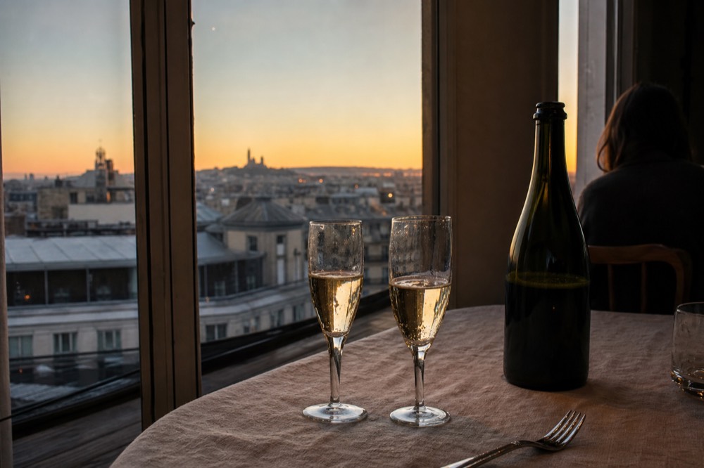 Champagne glasses on a dinner cruise table with the Paris skyline at dusk, no text, no logos, no people