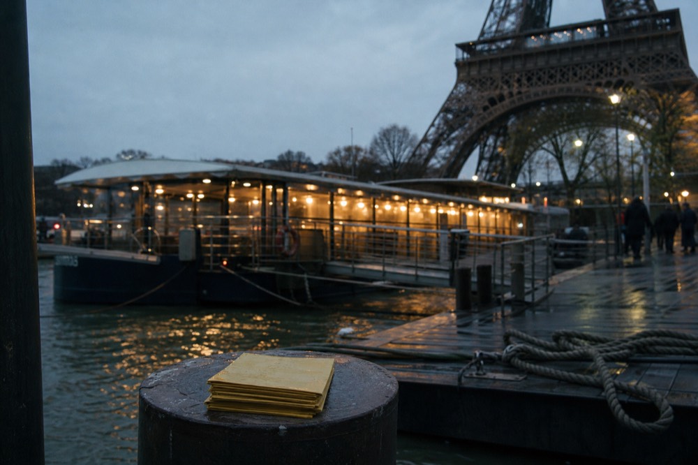 Evening Seine quay with lit boat and Eiffel Tower in background, no text, no logos, no people