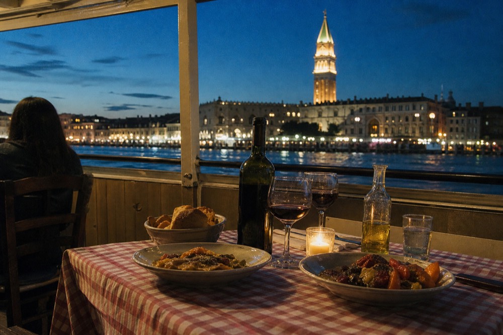 A table set with Italian dishes and a bottle of wine on a Seine dinner cruise with a view of the Eiffel Tower, no text, no logos, no people