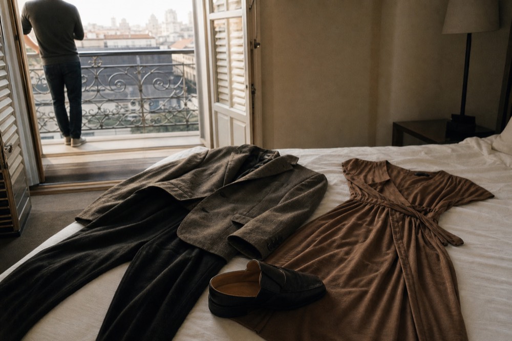 Couple's smart-casual outfits laid out for a Seine dinner cruise evening, no text, no logos, no people