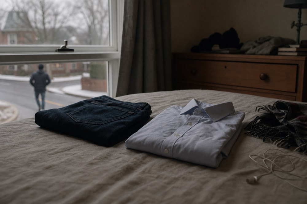 Folded dark denim jeans next to a dress shirt for cruise evening wear, no text, no logos, no people